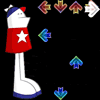 A cartoon character with a red star on its torso stands against black background, surrounded by colorful arrows and small white shapes.