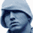 Pixelated portrait with five distinct sections showing a person in various headwear and a blue text label