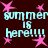 Dark red background with repeated cyan text 'summer is here!!!!' and pink star shapes in a pattern