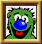 Green cartoon character with blue nose and spiky hair in four framed showing facial expression changes