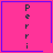 Four pink square with blue borders display vertical text "Perry" and small symbols in bottom-right corners