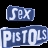 Two stacked pixelated text elements on black background: top reads 'SEX' in blue gradient, bottom reads 'PISTOLS' in white with blue outline.