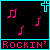 Pixel art of four and four showing animated musical notes, crosses, and text labels on black backgrounds with cyan borders