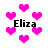 Pixelated pink hearts float around the name 'Eliza' in black text on a white background.