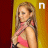 A woman with long blonde hair wears a pink sleeveless top and black wristband, standing against a yellow-orange gradient background.