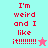 Four display red pixelated text 'I'm weird and I like it!!!!!!!!' with a star icon; top-left is cyan, bottom-left pink, right side purple. The star alternates between pink (top) and light blue (bottom)