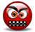 Red circular icon with angry expression showing white eyes, orange pupils, black eyebrows, and a mouth of alternating black-and-white squares.