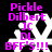 Pixelated image with white snowflake-like shape on black background, overlaid with pink text reading "Pickle Dilbert JC DL BFF'S!!!" in two identical vertical sections.