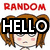 Pixel art icon with red 'RANDOM' text, a cartoon character with brown hair and pink bow tie, white skull-and-crossbones, black 'HELLO' and 'BYE' text blocks, and a red heart with 'HI'.