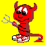 Red devil character with brown accents, white checkered shoes, and a pitchfork on yellow background; two poses show different body angles.