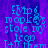 Blue pixelated text on purple background reads 'flip & monkeys stole my icon left them' with gray rectangle in bottom right corner.