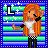 Pixel art character with long orange hair, white crop top, black checkered pants, and black wristbands against striped background with 'L' symbol.