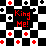 A pixelated black-and-white checkered background with red crosses and a central red text reading 'King Me!' in blocky font.