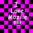 Pixelated text on a checkered background with animated distortion effects.