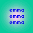 Four identical pixelated display blue text 'emma' repeated three times on a gradient teal background