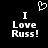 Black background with white pixelated text reading "I Love Russ!" and a heart symbol above the left instance of "I".