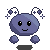 Pixelated blue creature with antennae and four limbs, displaying multiple expressions including smiling, closed eyes, and open mouth.