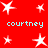 Red background with white star shapes and repeated light blue text "courtney" in two