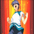 Animated sequence of a character with purple hair and a white-and-teal shirt performing a running motion against an orange flame background.
