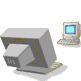 computer monitor icons with varying screen states and effects including blue, red, yellow, and orange displays, plus explosions and motion trails