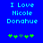 Blue background with light blue pixelated text reading "I Love Nicole Donahue" and five green plus signs below, one of which is grayed out.