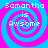 Pixelated text 'Samantha is Awsome' overlaid on a blue and pink spiral background in a of four identical