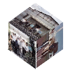 A rotating 3D cube displays a group of people in various outdoor and indoor settings with visible buildings, trees, and vehicles.