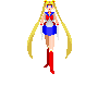 Pixel art of a character with long blonde pigtails, red boots, blue skirt, and red bow, shown in multiple poses against gray background.