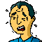 Pixelated cartoon character with teal hair and blue shirt shows two sequential expressions: first eyes closed, second eyes open.