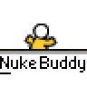 Animated contact sheet showing sequential frames of a yellow stick figure character running through an explosion sequence with repeated "Nuke Buddy" text across the bottom of each frame.