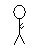 Pixelated stick figure animation showing a sequence of poses including standing, falling backward, and lying on the ground with limbs extended.