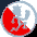 Pixelated circular icon with red and light blue shapes on a white background, featuring a stylized design resembling a yin-yang symbol or abstract character form.