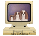 Animated contact sheet of five frames showing a beige CRT monitor with 'Bente sin Grafikk' text, displaying pixelated Cavalier King Charles Spaniel dogs against purple backgrounds that change across frames.