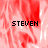 Red and white pixelated background with three instances of the text 'STEVEN' in black block letters across different positions.