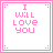 A 5x5 contact sheet of animated frames showing a pixelated pink text sequence "I WILL LOVE YOU" with varying letters and transparency effects on white backgrounds, framed by thin pink borders.