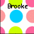 Pixelated icon with 'Brooke' text above a central blue circle surrounded by pink and green shapes on white background.