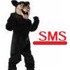 A cartoon character in a black outfit with a hat, smiling widely, standing next to red 'SMS' text on a white background.