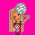 Pixelated character with blonde hair and silver ball, wearing red top, holding volleyball in front of pink background.