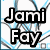 Pixelated text 'Jami Fay' in bold black-and-white block letters on left, transitioning to a stylized '<3' symbol with same color scheme on right against abstract blue-gray background.