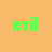 Green pixelated text 'evil rabbit' above a carrot with green top on black background, orange and yellow striped body.