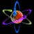 A four-part animated atomic symbol with orbiting rings in blue, green, purple, and orange hues against a black background.