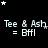 Black background with white pixelated text 'Tee & Ash = Bffl' repeated in , surrounded by white and gray stars, with a gray rectangle in the bottom-right corner