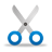 Pixelated scissors with blue circular handles and silver blades, positioned open against a light gray background.