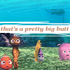 A static image shows a blue underwater scene with four cartoon characters and overlaid text reading 'that's a pretty big butt'.