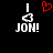 Pixelated text and symbols on black background: 'I' above a heart symbol, with 'JON!' below; red heart appears in one frame.