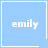 Four light blue square with white borders display the name 'emily' in pixelated white text, each containing a single heart or star symbol in the bottom-right corner