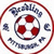 Circular icon with red border, blue text, and central soccer ball graphic, repeated in a