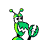 Pixelated green insect-like character with antennae, large eyes, and a segmented body standing against gray background.