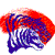 Pixelated abstract shape with red and blue color gradient, white accents, and irregular edges on white background.