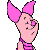Pixelated cartoon character with pink skin, large pink ears, and a pink nose, wearing a pink striped top, smiling with closed eyes.